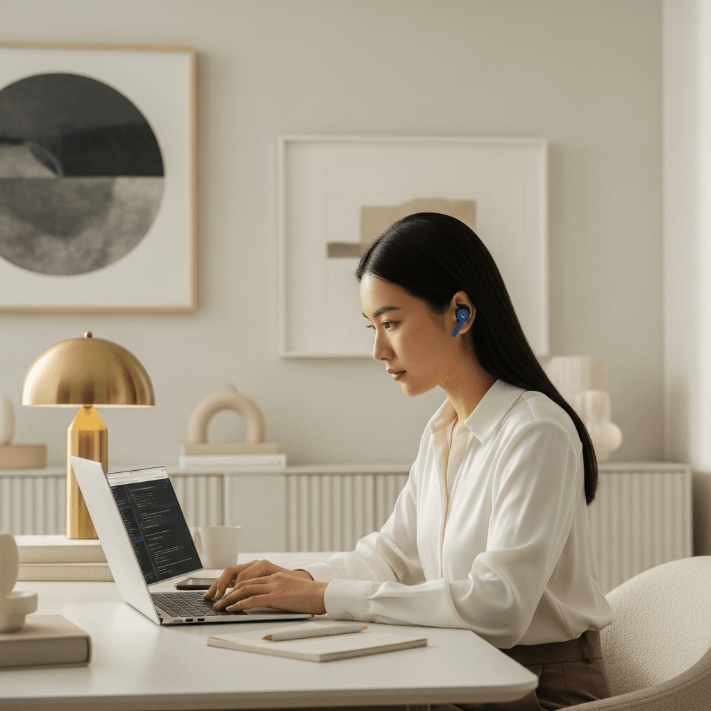 Seorang freelancer mengenakan Dareu Earphone EH728 Pro Blue sambil bekerja di laptop