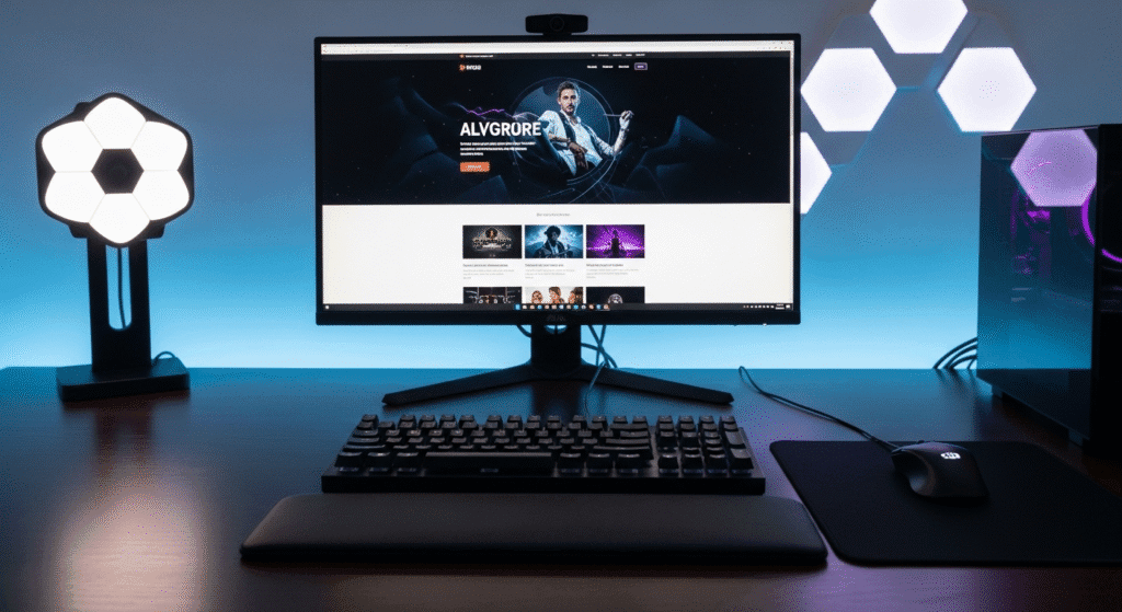 Gambar setup gaming dengan komputer canggih yang mendukung pembuatan website.