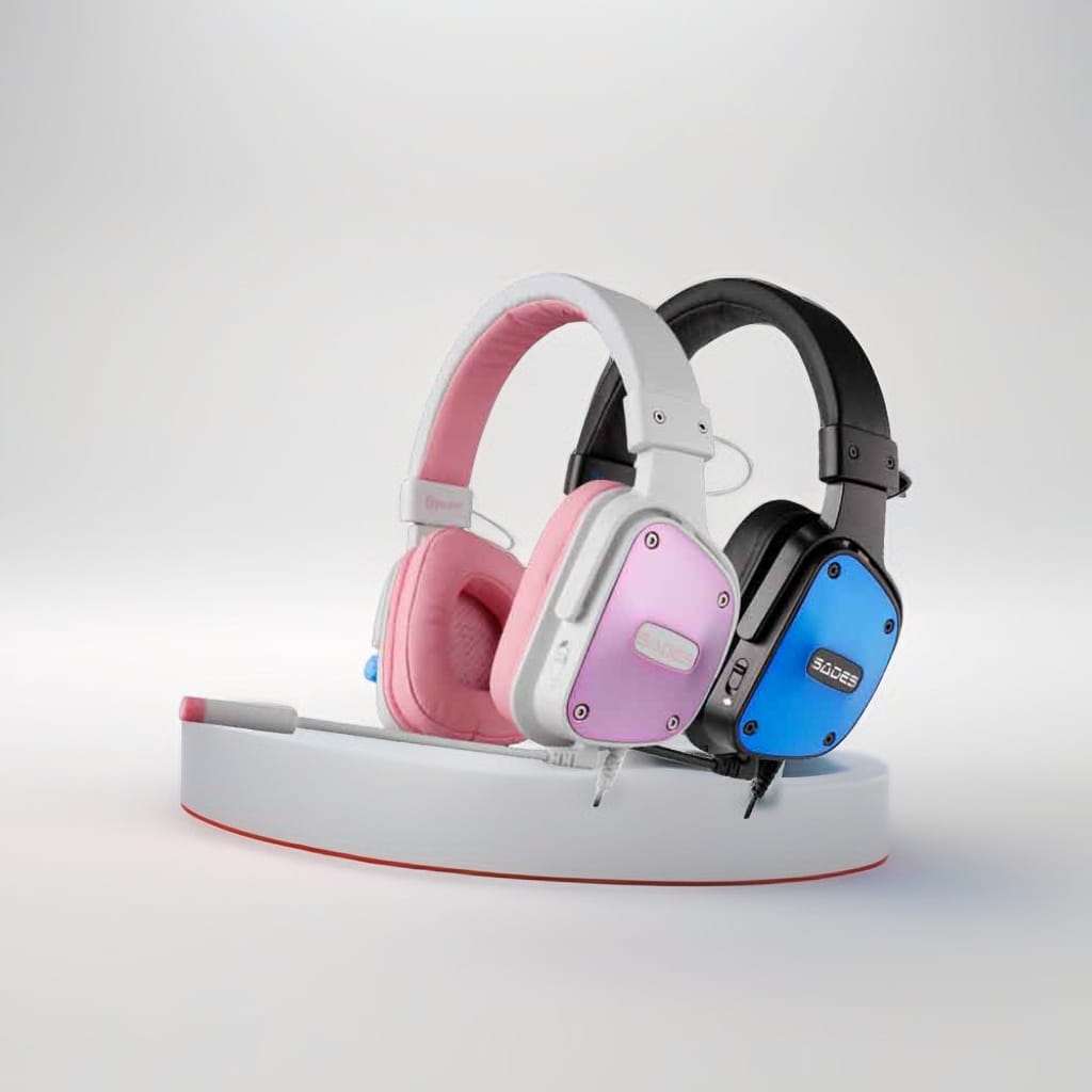 Headset gaming Sades SA-722 D-Power dengan desain stylish warna biru dan pink dilengkapi mikrofon fleksibel untuk gaming dan multimedia